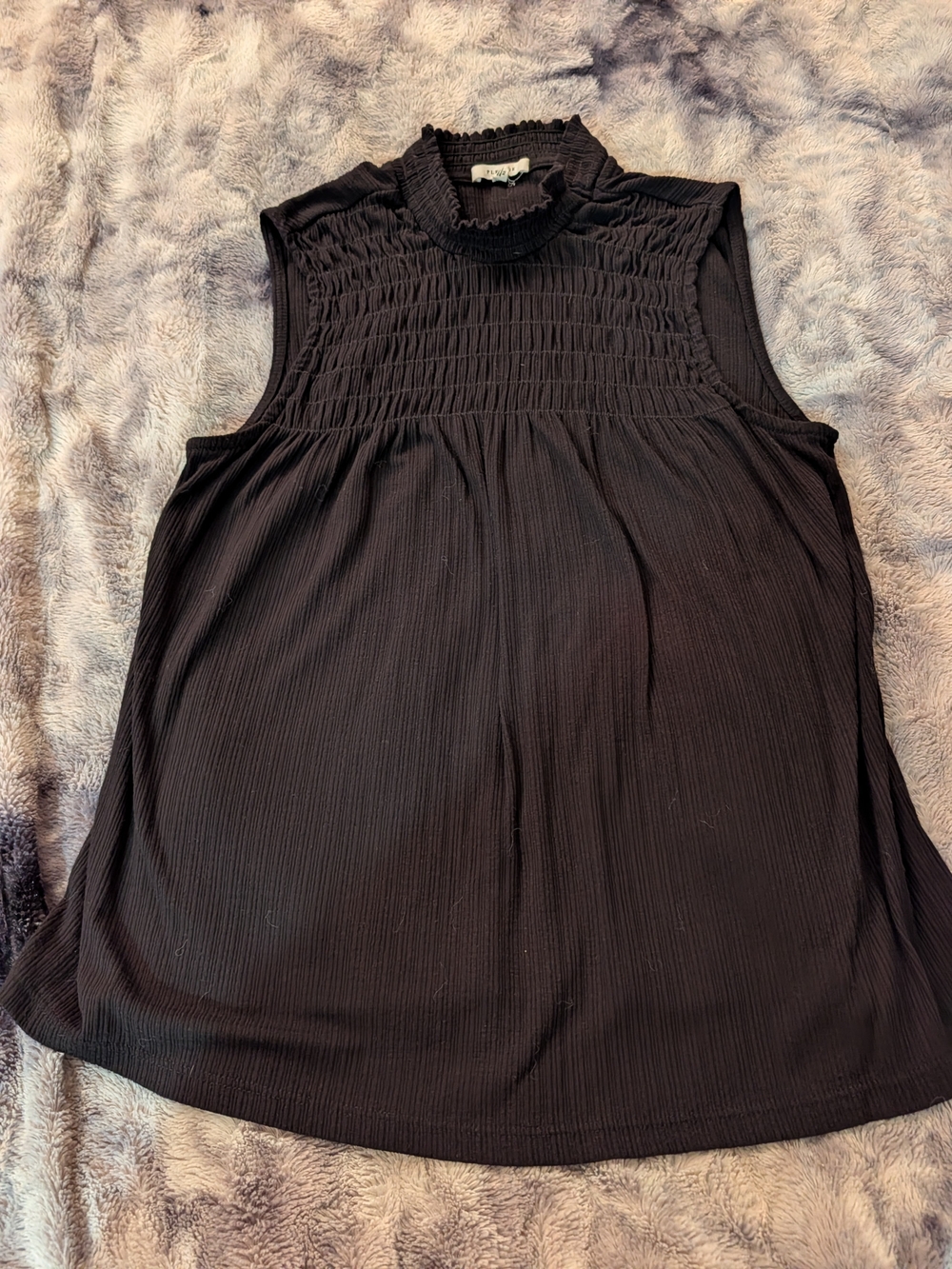 Pleione Black Sleeveless Smocked Mock Neck Tank